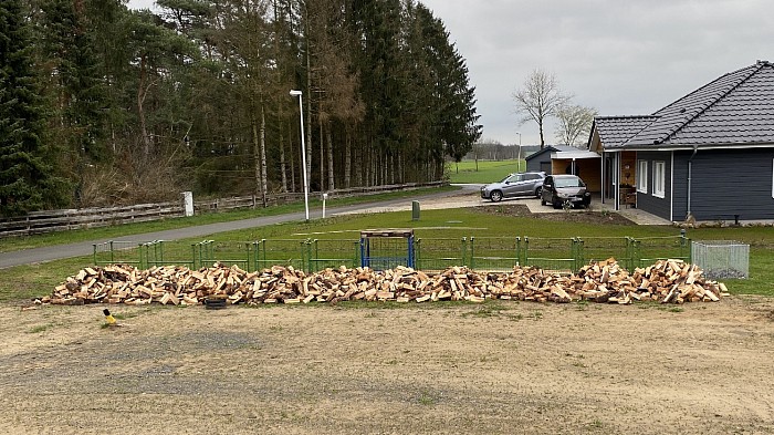 Holz hinter der Hütte. Klaus hat mir gestern 10 Ster gebracht.