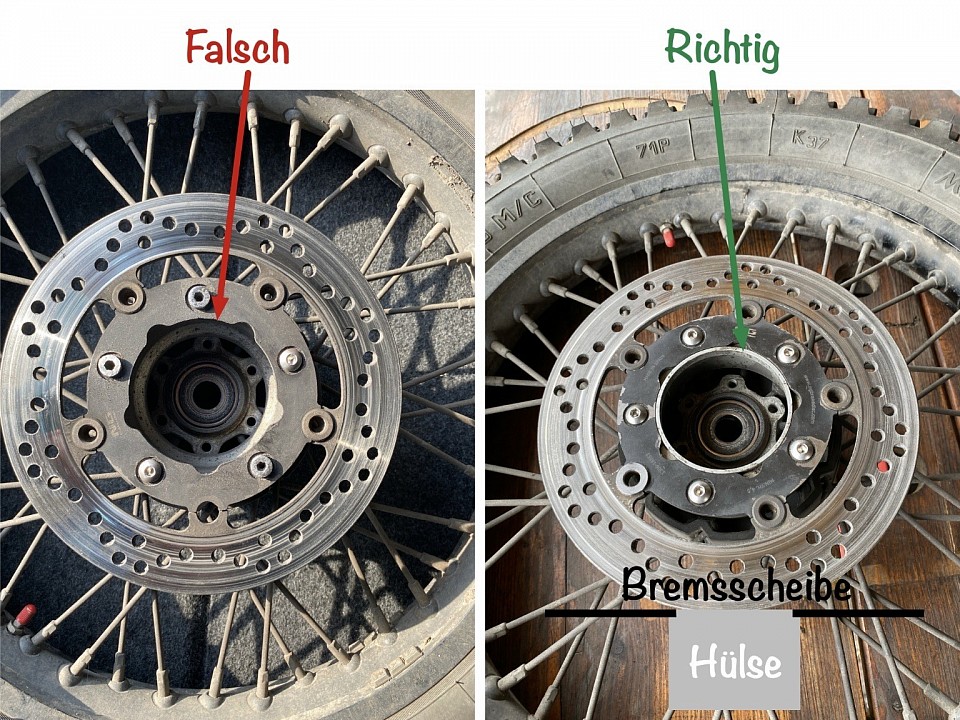 Ich hatte die Abstandshülse falsch herum montiert. Deshalb zerlegte sich die Bremsscheibe.